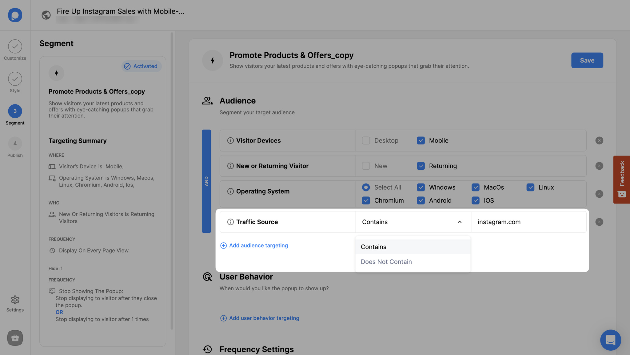 adding traffic source on the segment step