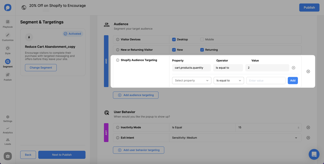 arranging shopify audience targeting with product quantity