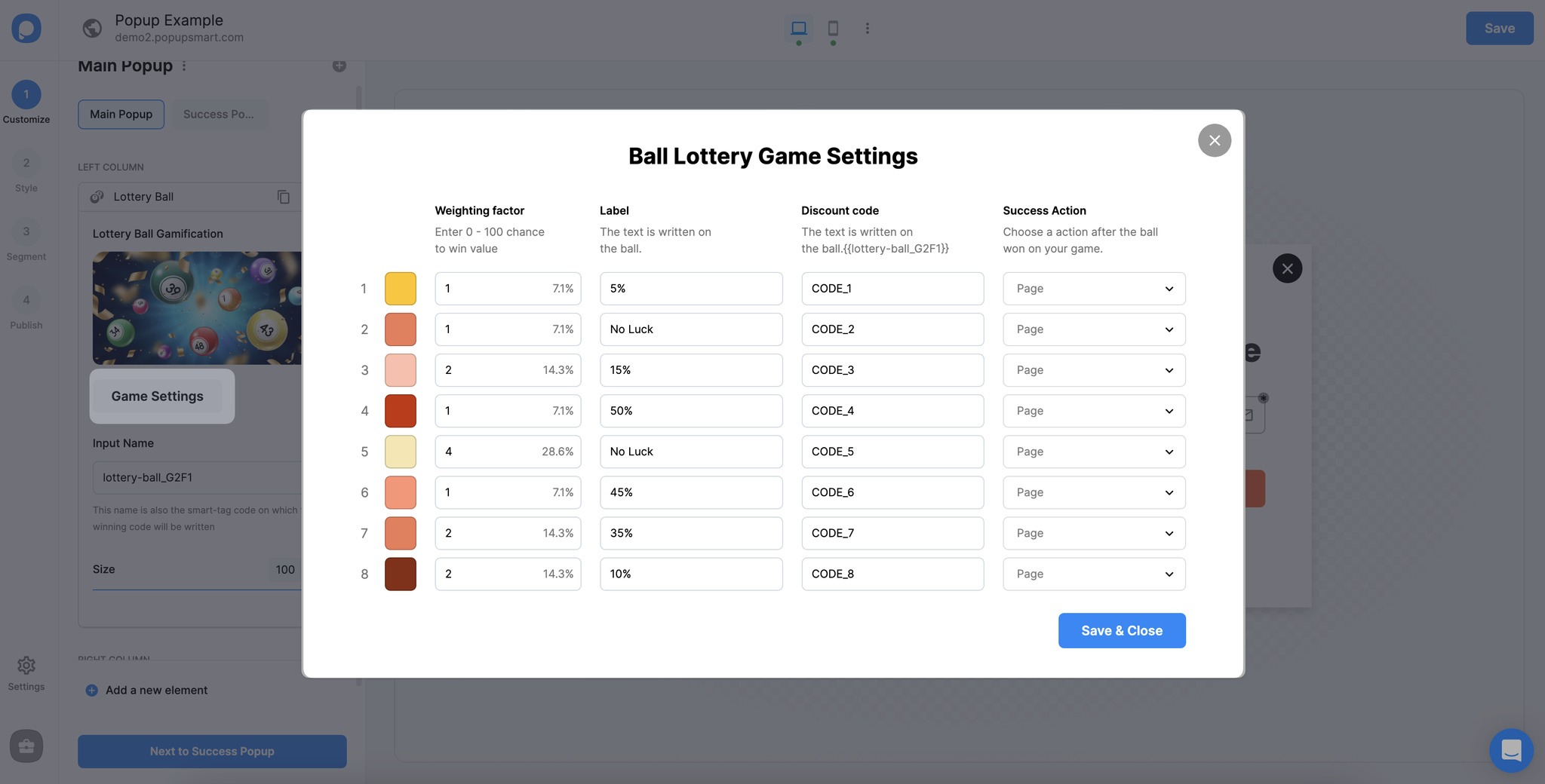 game settings of a lottery ball game