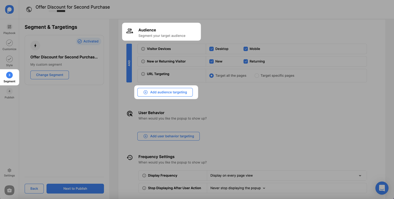 choosing segment and adding audience targeting for a campaign