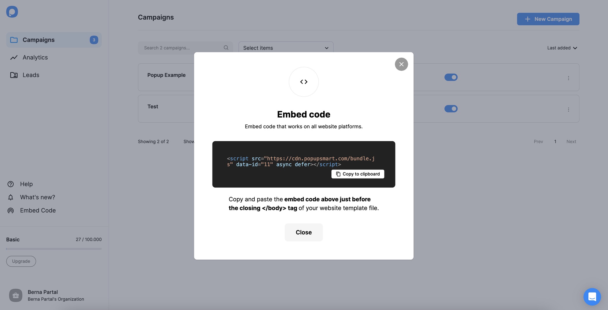 copying the embed code