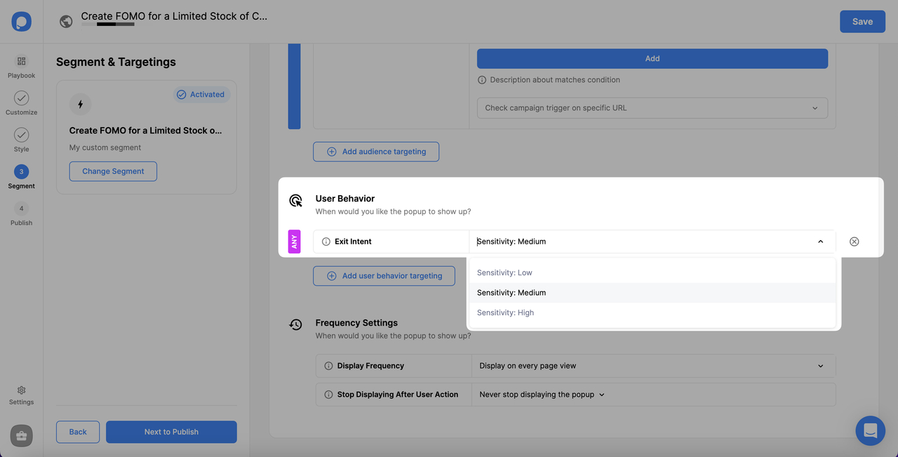 determining sensitivity of exit intent for shopify