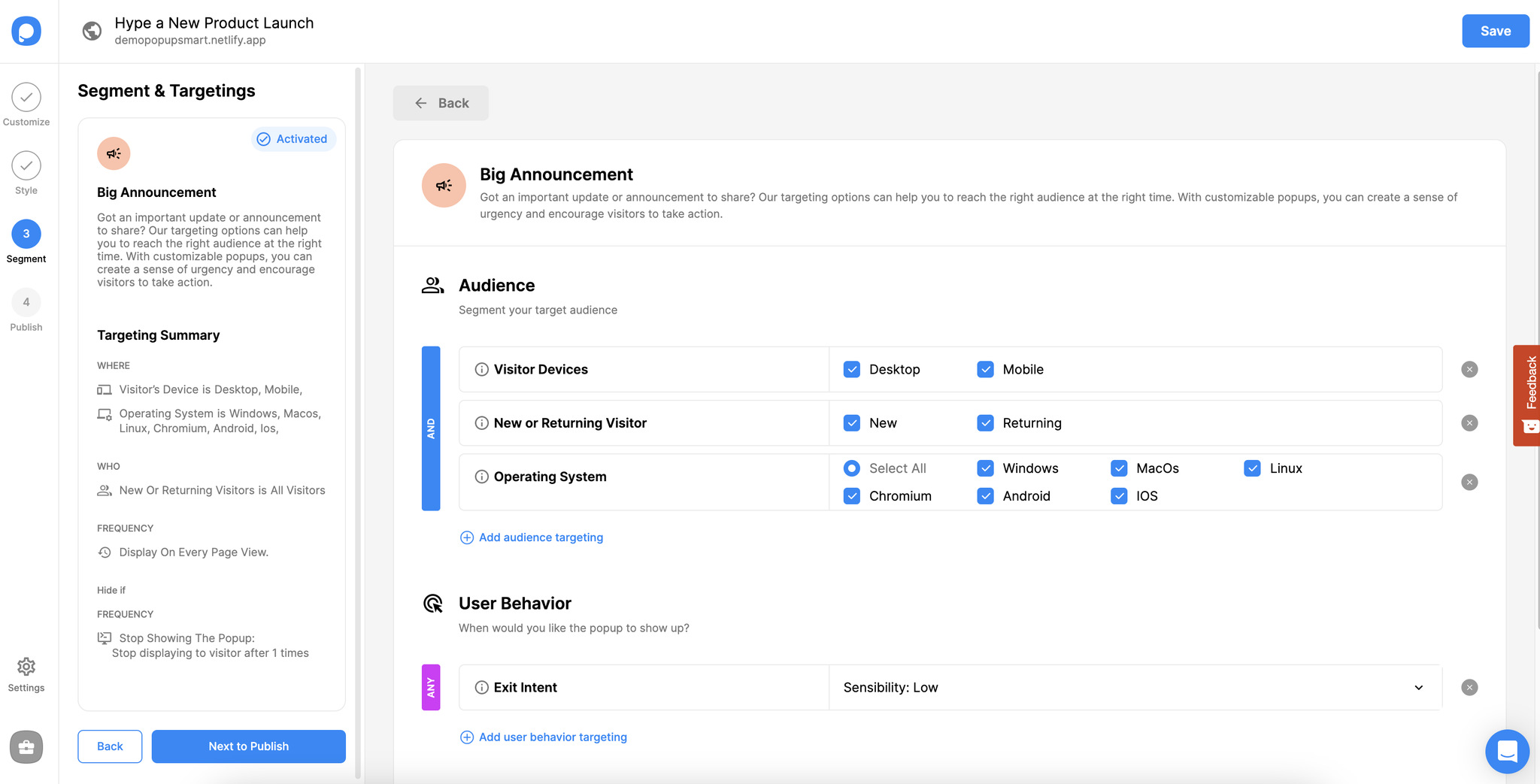 editing segment and selecting targeting options