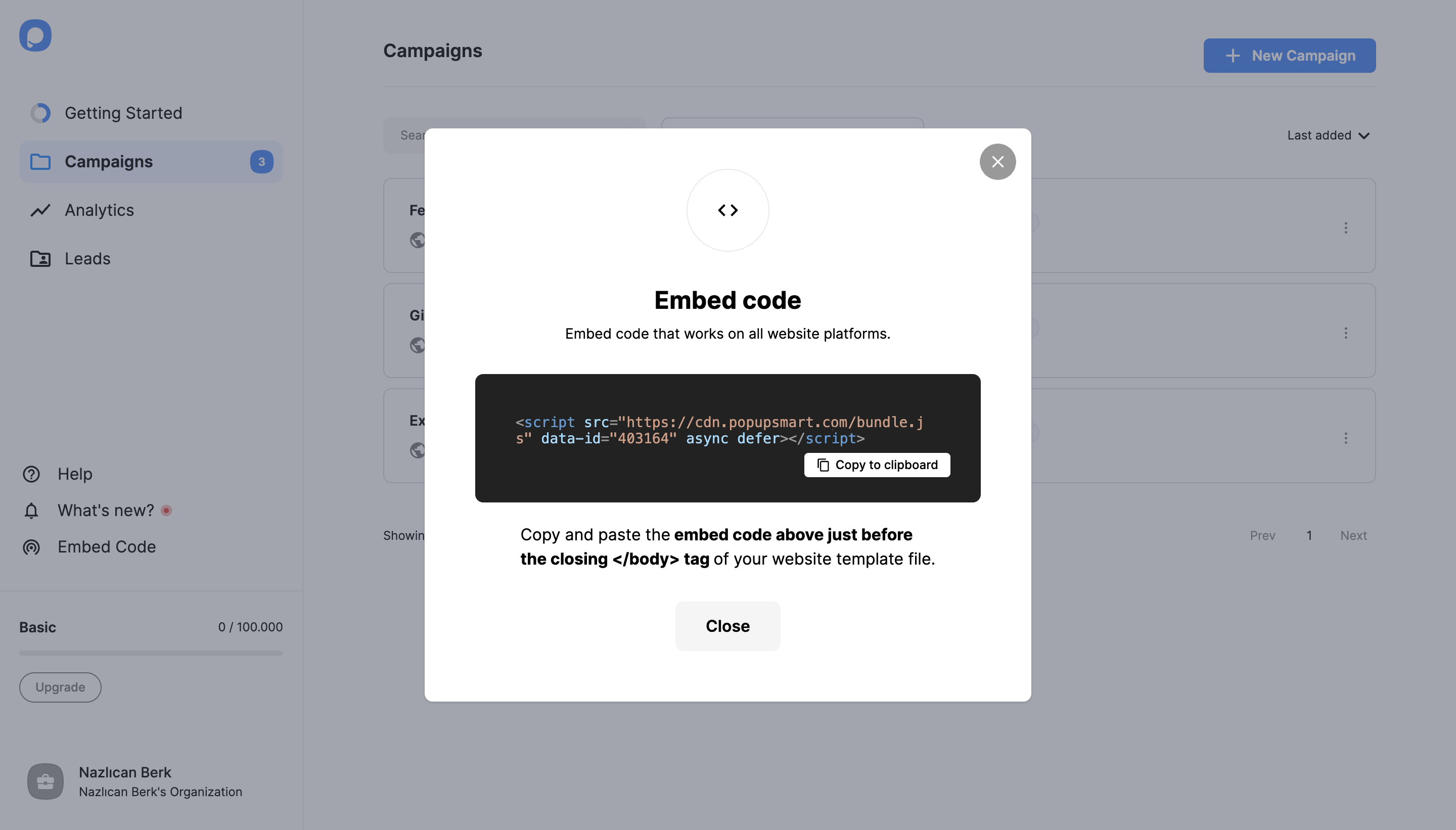 embed code modal of popupsmart