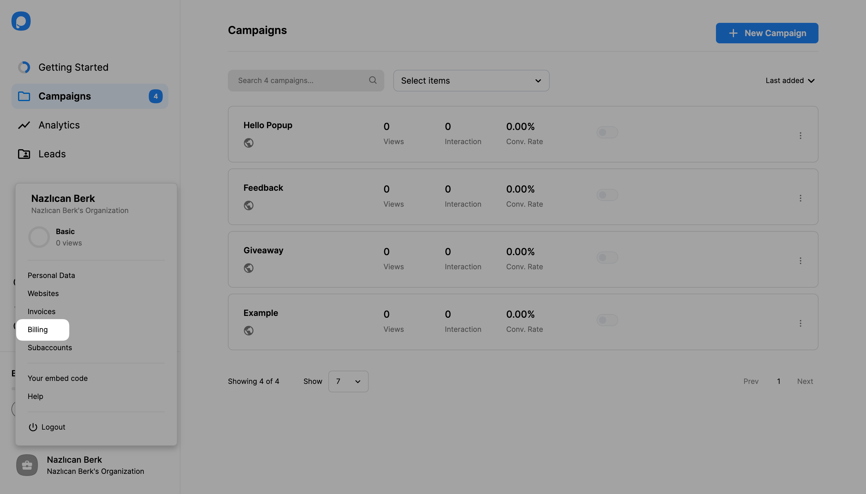 billing button on dashboard