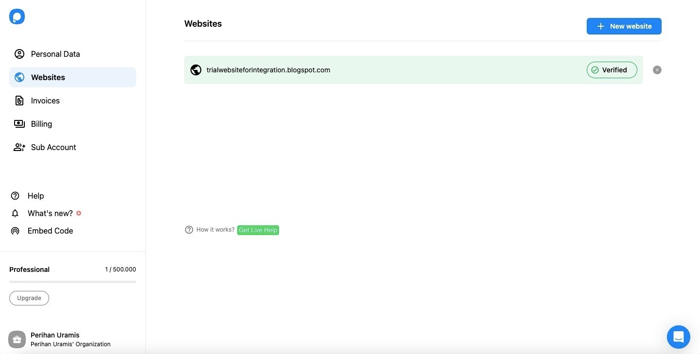 Verified Website on Popupsmart Blogger Integration