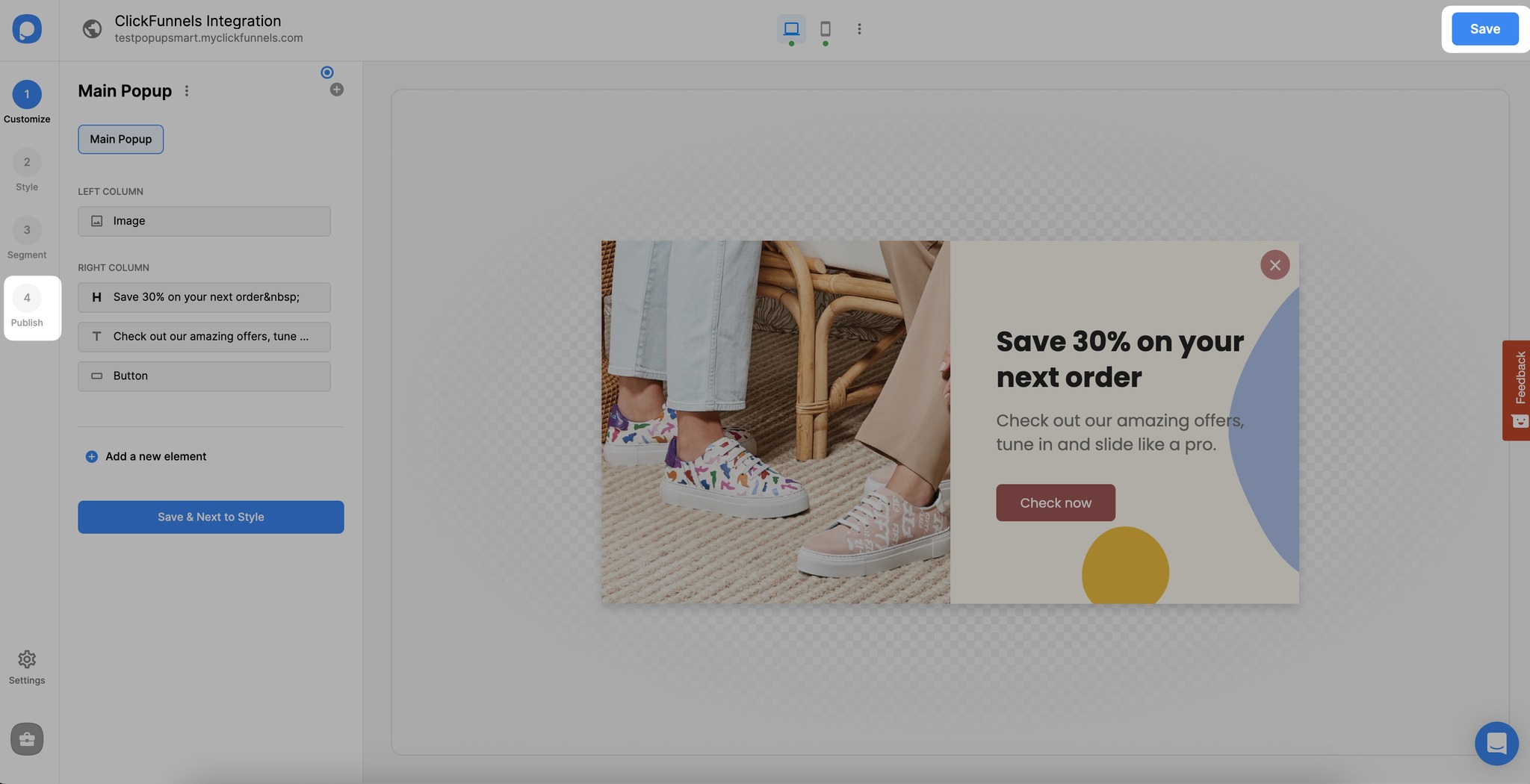 Customizing, Saving, and Publishing ClickFunnels Popup in Popupsmart