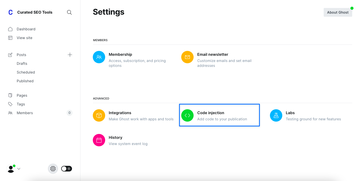 code injection part on ghost dashboard settings