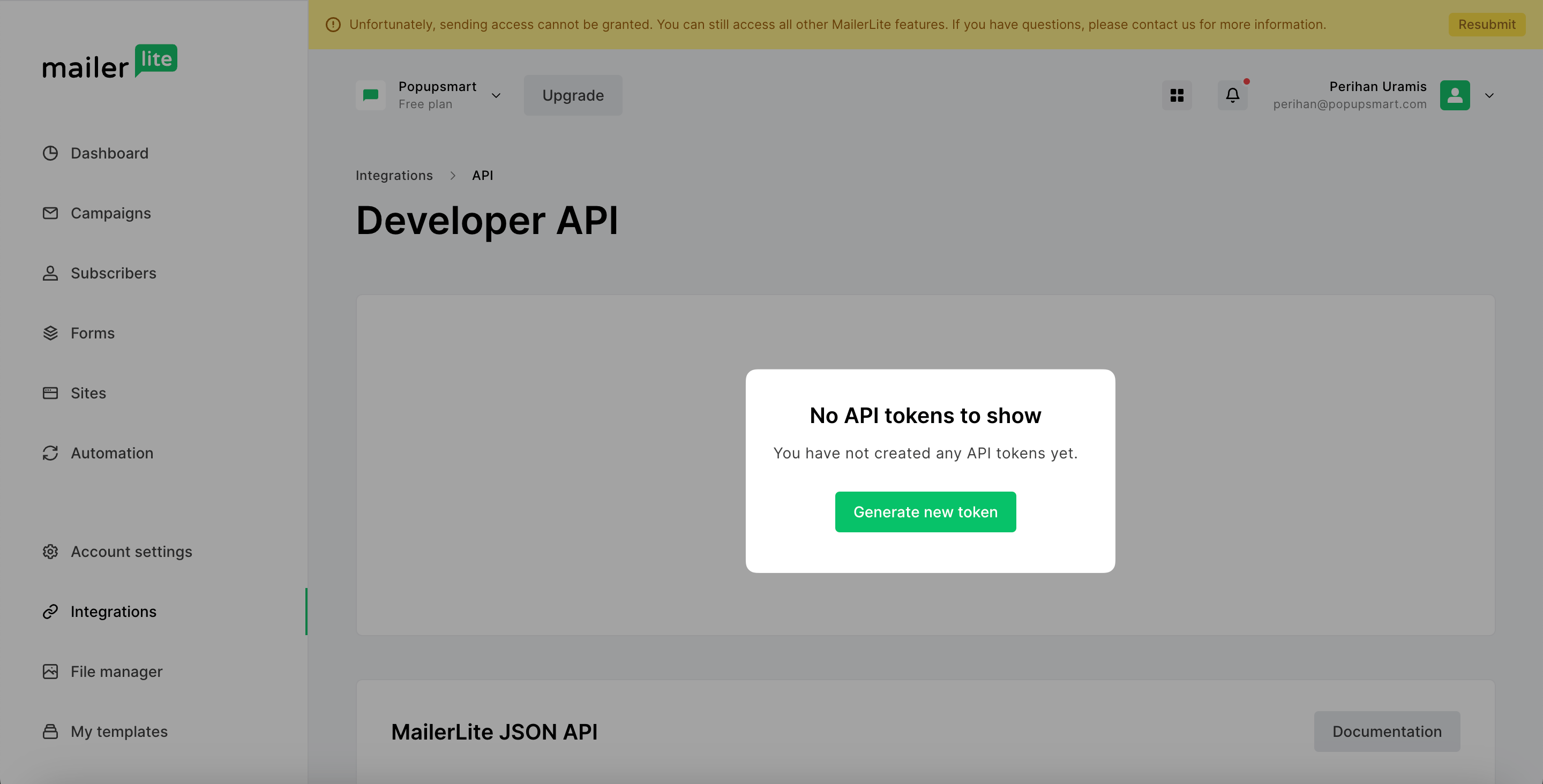 Popupsmart - Generate New Token MailerLite
