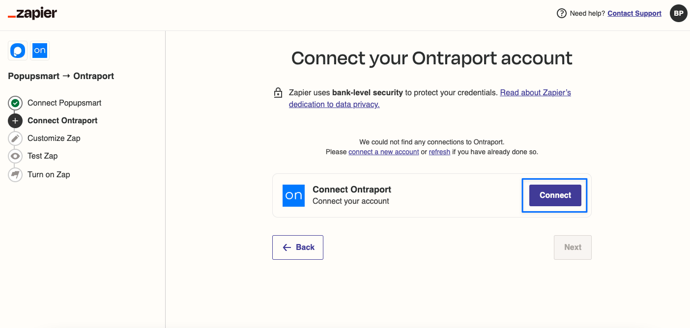  button to connect your Ontraport account