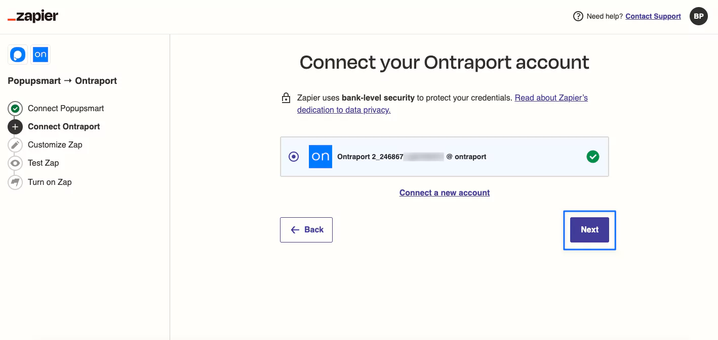 button to connect your Ontraport account