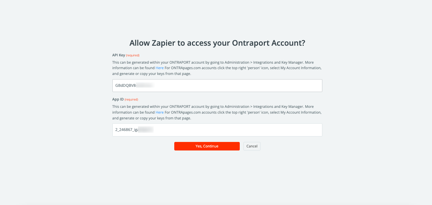 Paste your APP ID and API Key to the required inputs on Zapier