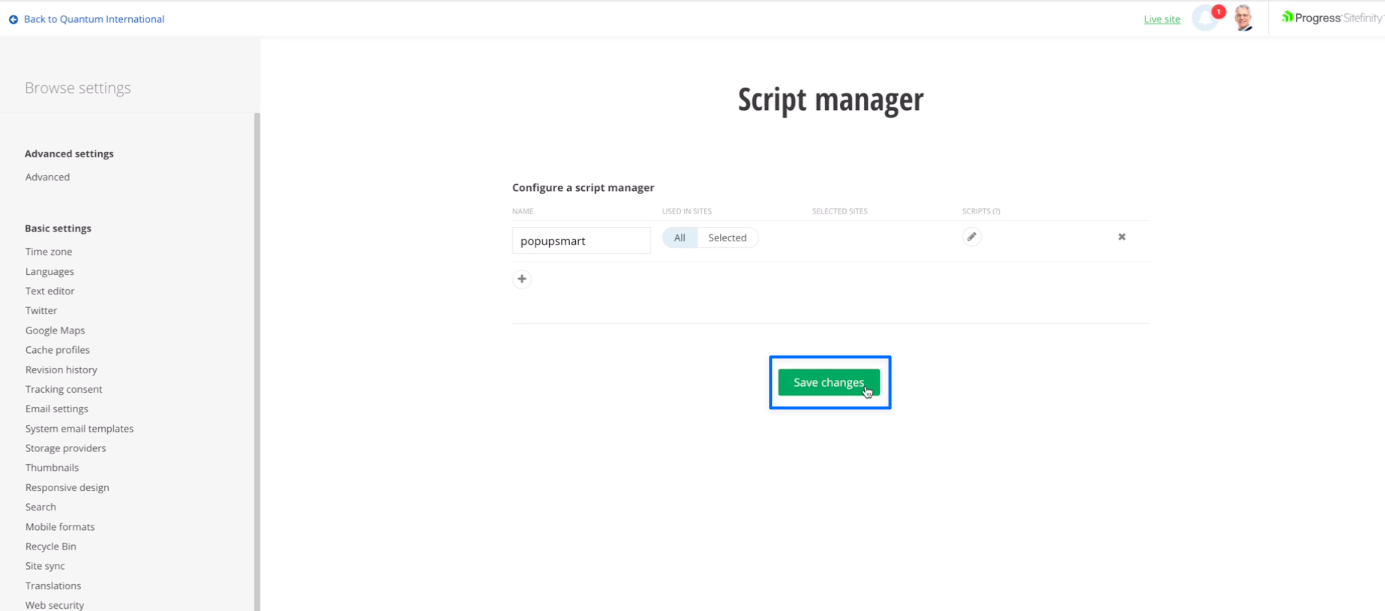 saving changes on script manager section