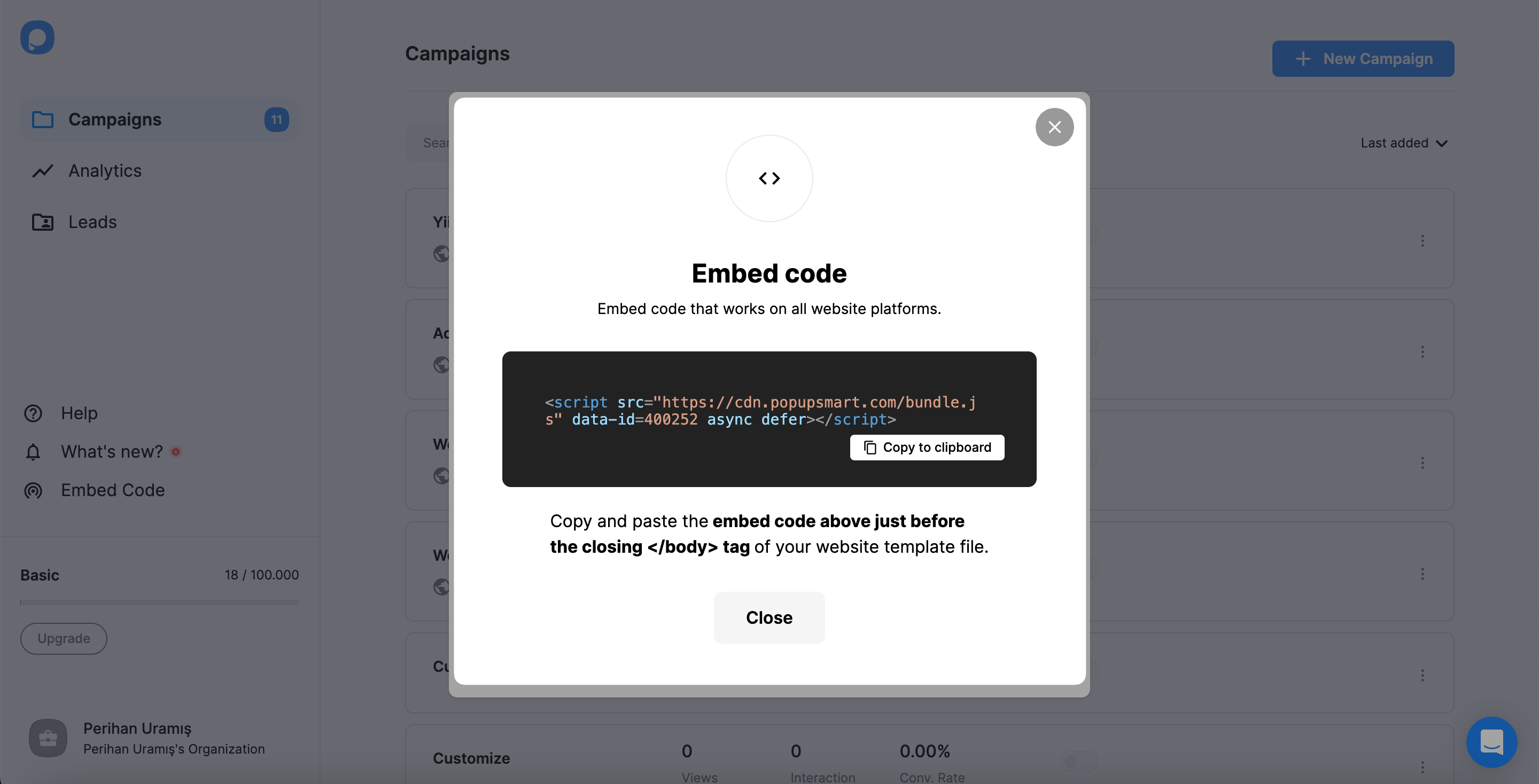 Copying Embed Code from Popupsmart