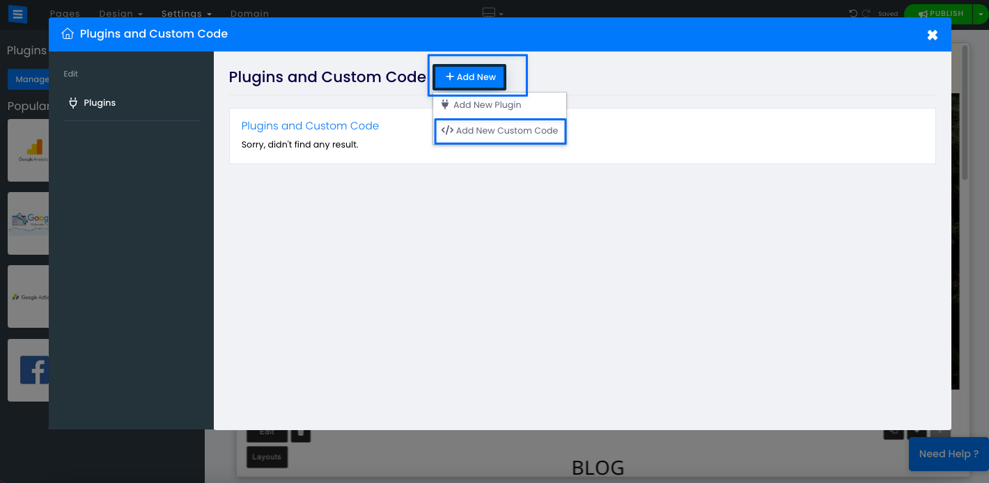 selecting add new custom code on site123