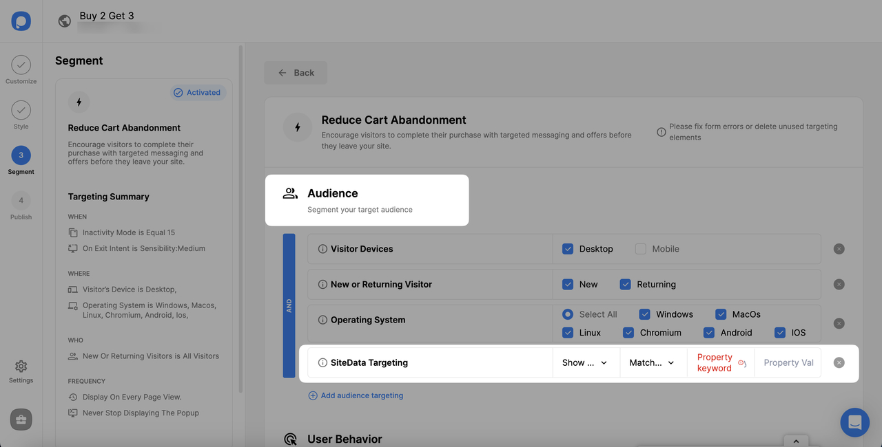 matches selection for site data targeting