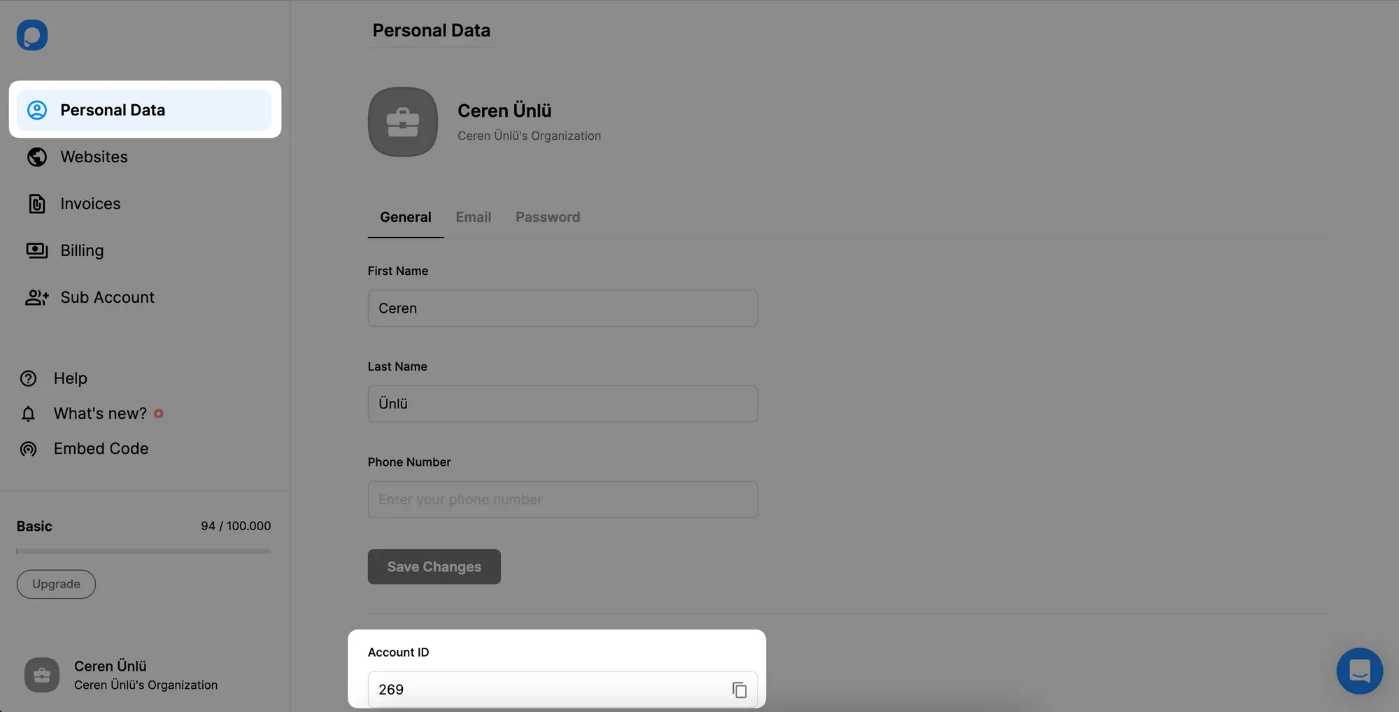 Personal data page account id