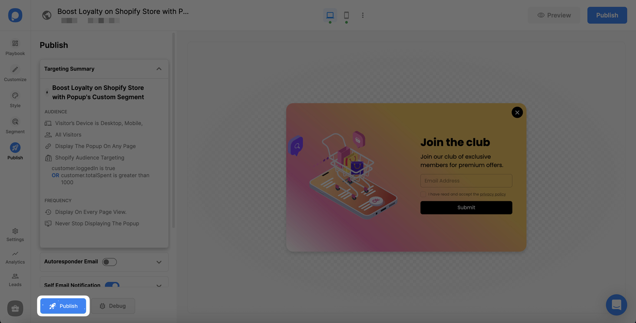 publish step on popupsmart shopify loyalty campaign
