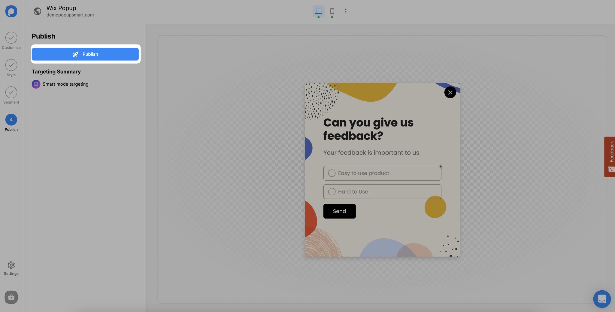 publishing a wix popup with popupsmart