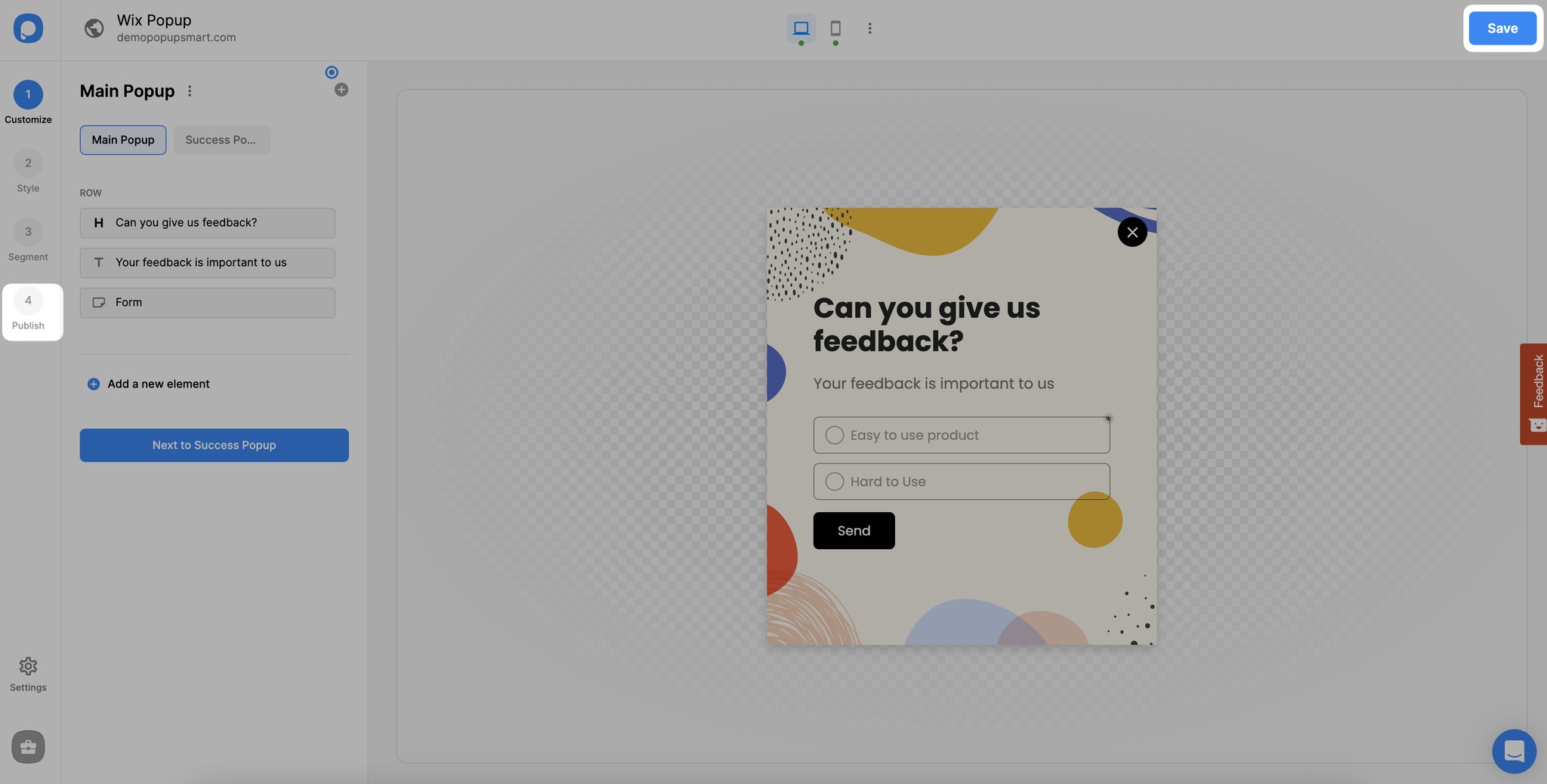 saving and publishing a wix popup