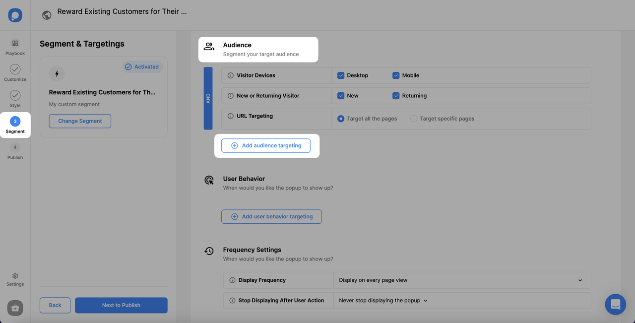 segment and choosing to add audience targeting for rewarding campaign