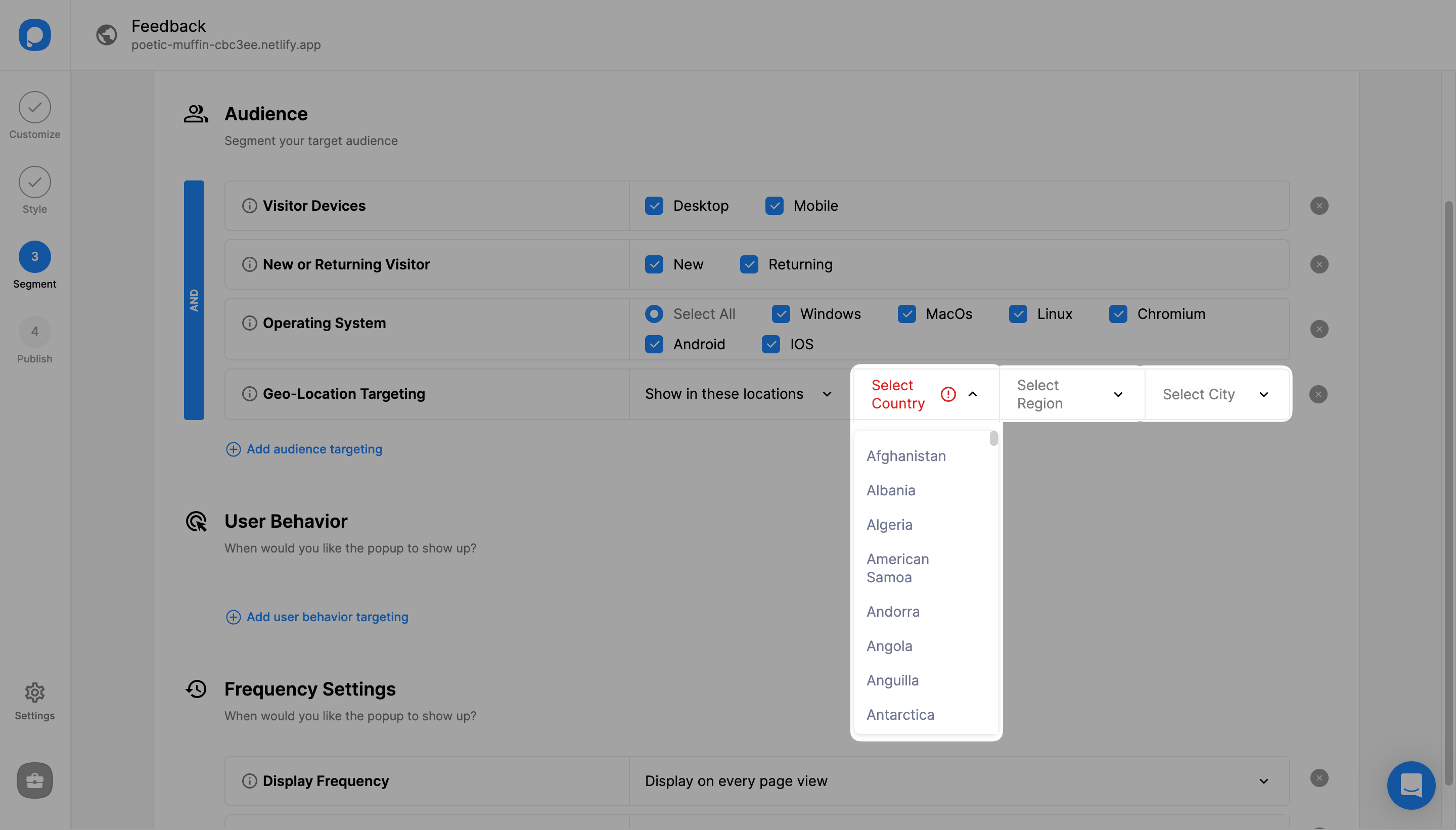 choose locations on geo location targeting