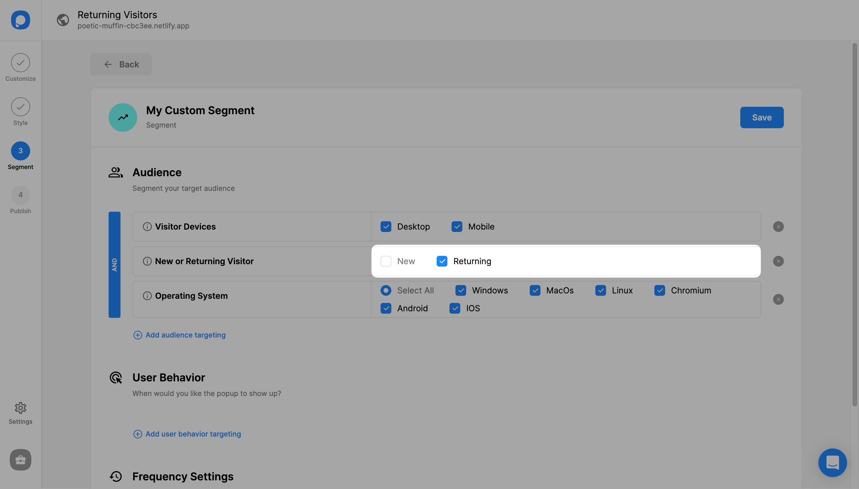 new or returning visitor checkbox