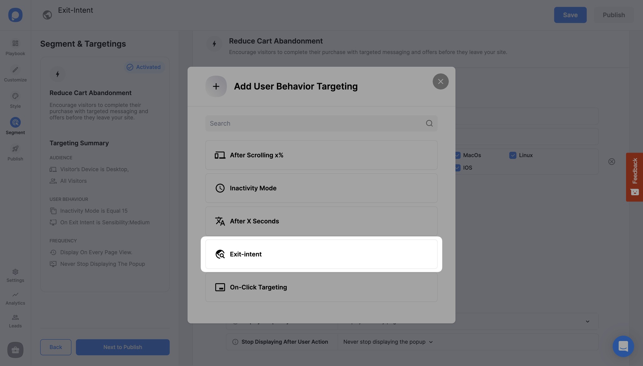 setting up exit intent