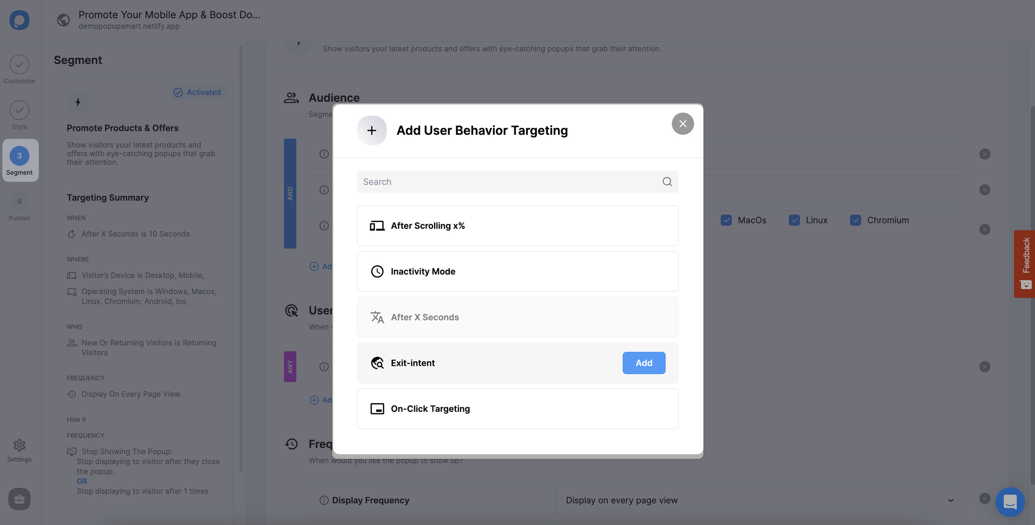 selecting exit intent targeting