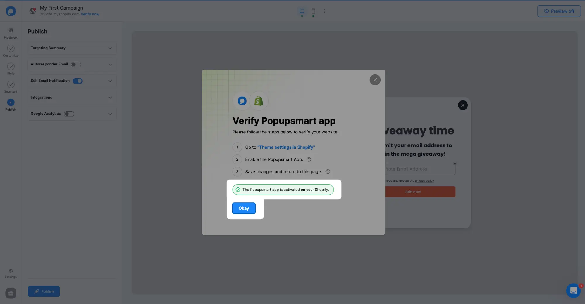 Shopify verify popupsmart app click refresh button after verified