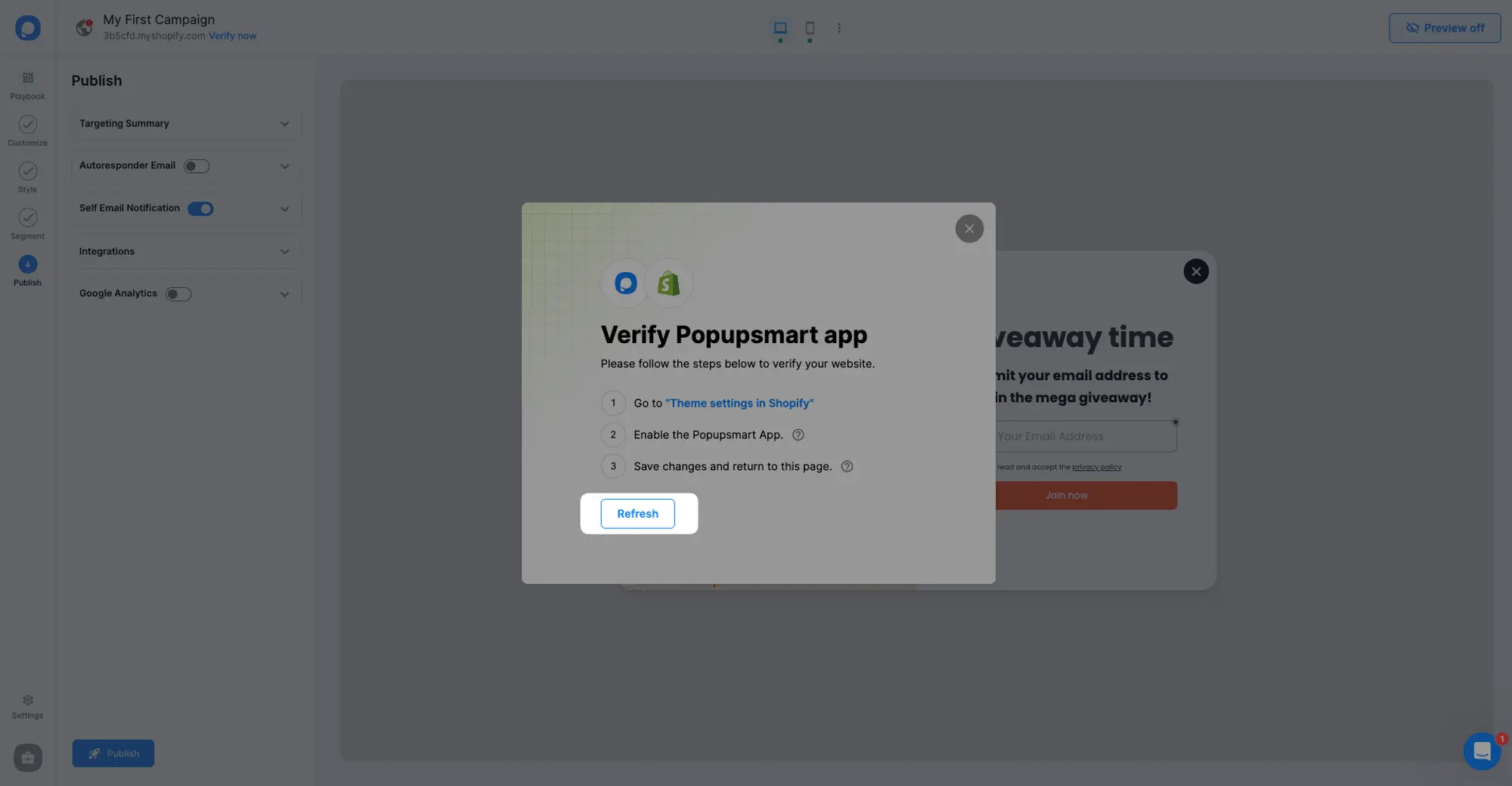 Shopify verify popupsmart app click refresh button