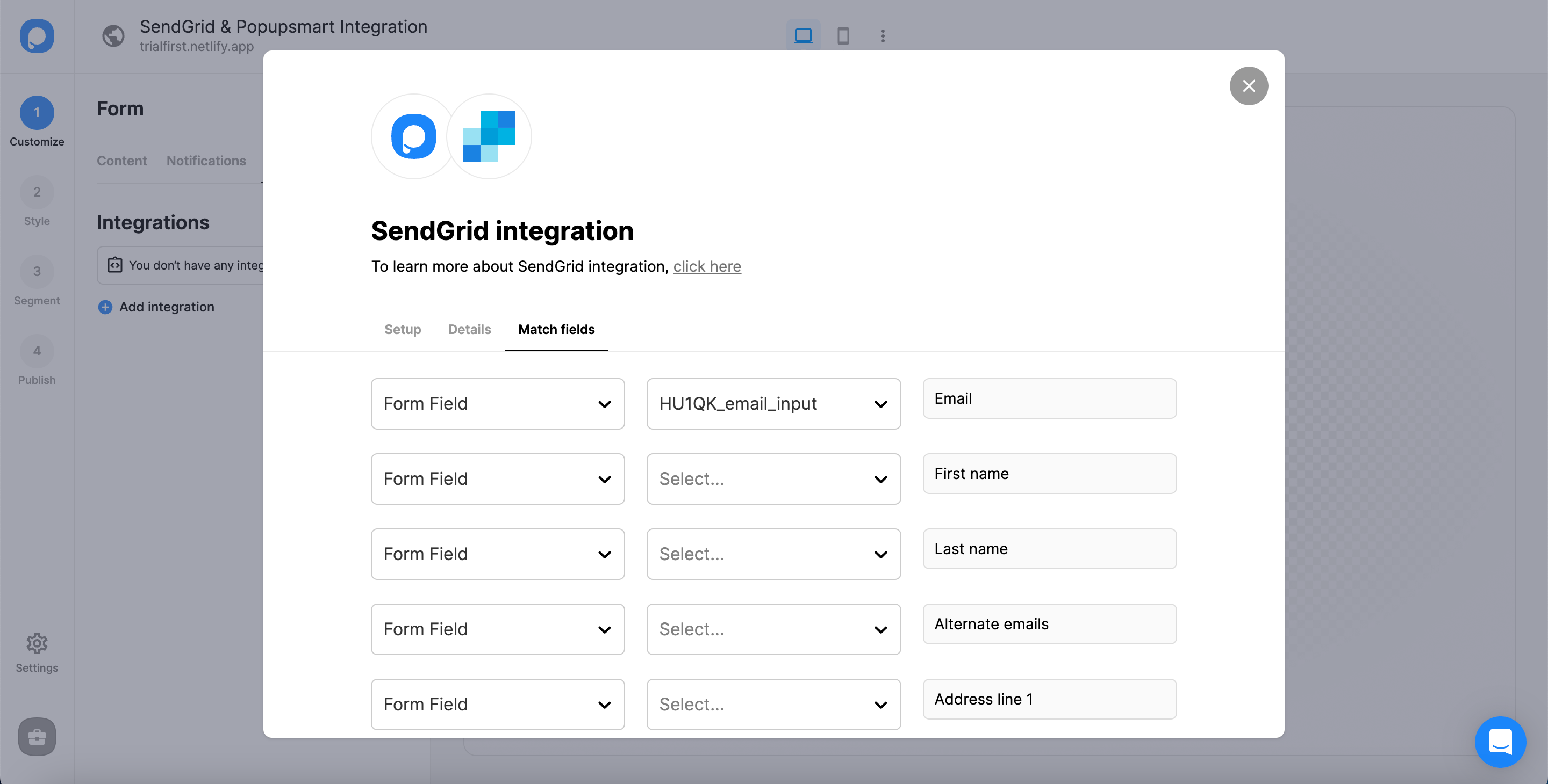 match fields popupsmart