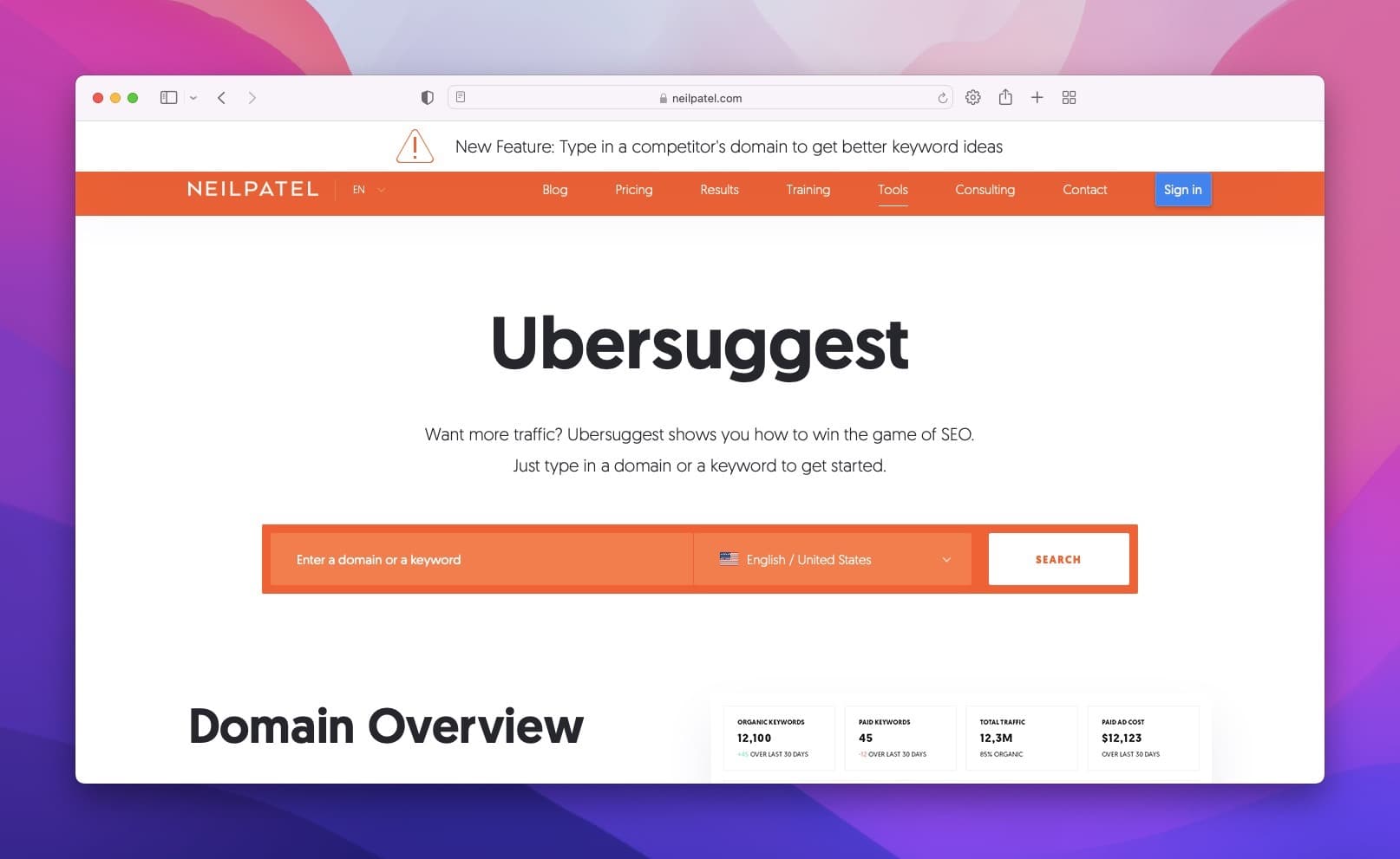 Ubersuggest home page
