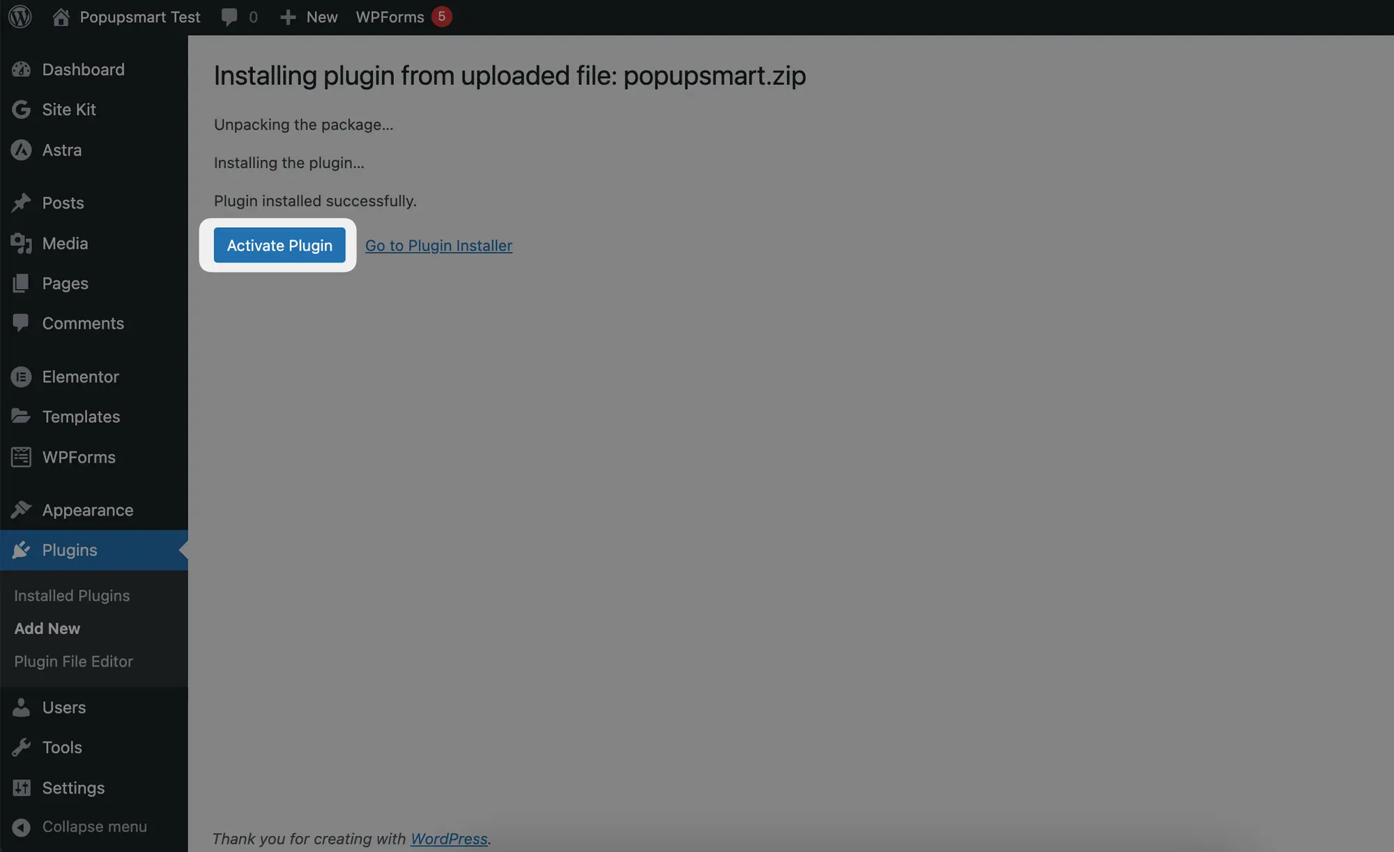 Wordpress panel active plugin